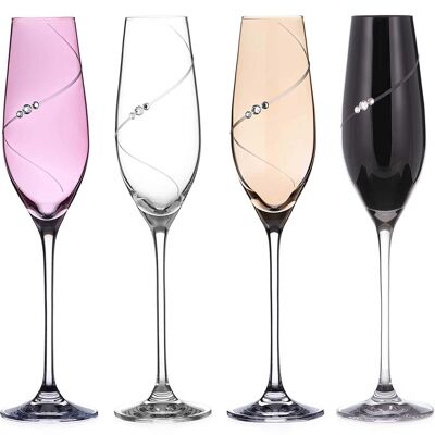 Diamantfarbene Champagnerflöten mit handgeschliffenem Design „Silhouette Color Selection“ – verziert mit Swarovski-Kristallen – 4er-Set