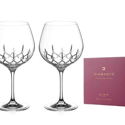 Diamante Crystal Gin Copa Glass Pair - 'classic' Collection Hand Cut Crystal Balloon Glasses - Set Of 2