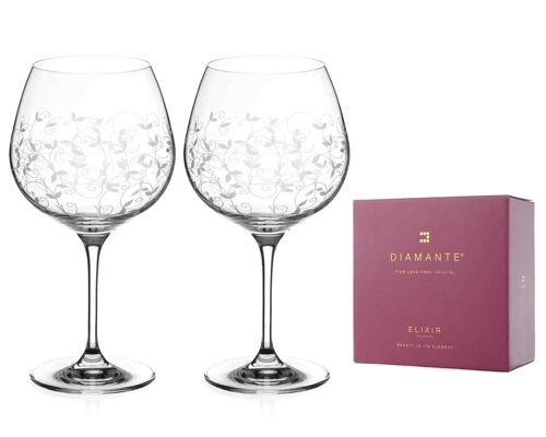 Diamante Crystal Gin Copa Glass Pair - 'floral' Collection Hand Etched Crystal Balloon Glasses - Set Of 2