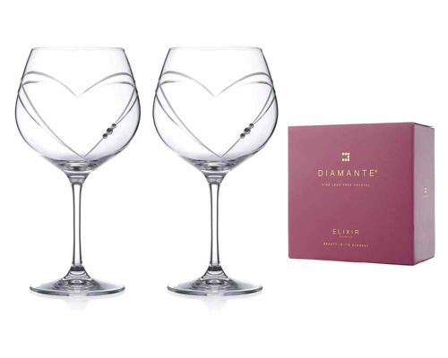 Diamante Crystal Gin Copa Glass Pair – ‘hearts’ Collection Crystal Balloon Glasses Set Of 2