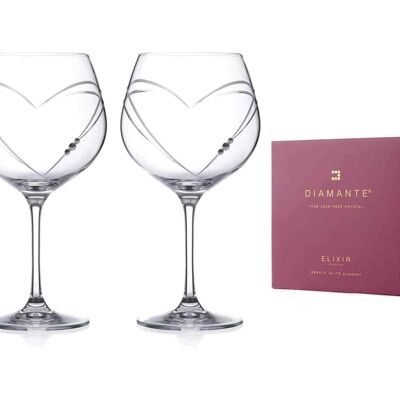 Diamante Crystal Gin Copa Glass Pair – „Hearts“ Collection Crystal Balloon Glasses Set Of 2