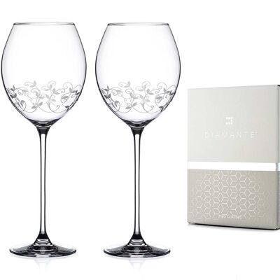 Par de copas de vino tinto de cristal de diamante con diseño grabado intrincado - Juego de 2 copas de cristal en caja de regalo