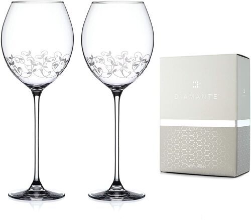 Diamante Crystal White Wine Glasses Pair With Intricate Etched Design - Set Of 2 Crystal Glasses In Gift Box