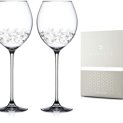 Diamante Kristall-Weißweingläser, Paar mit aufwendig geätztem Design – Set mit 2 Kristallgläsern in Geschenkbox