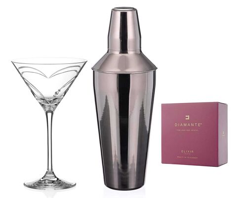 Diamante Martini Shaker And Glass Set 'hearts' - Martini Set With One Metal Shaker And 1 'hearts' Crystal Martini Glass