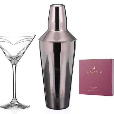Diamante Martini Shaker e Set di Bicchieri "Cuori" - Set Martini Con Uno Shaker di Metallo E 1 "Cuori" di Cristallo Martini Glass