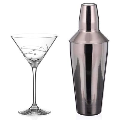 Diamante Martini Shaker And Glass Set 'spiral' - Martini Set With One Metal Shaker And 1 'spiral' Crystal Martini Glass