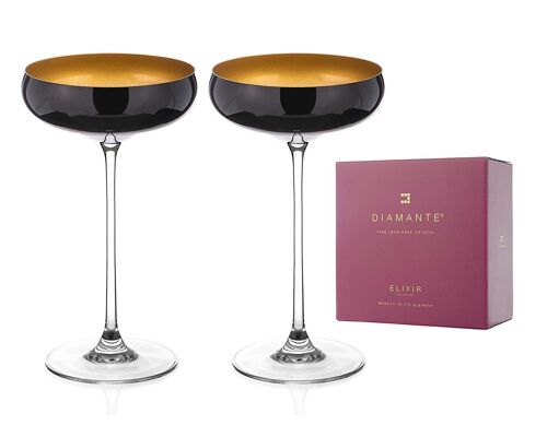 Diamante Oro Black Champagne Saucers - 'oro Black' Collection - Pair Of Black/gold Crystal Champagne Saucers