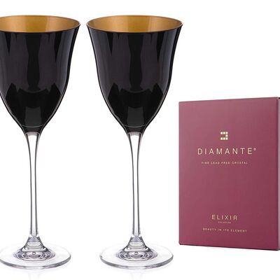 Diamante Oro Black Wine Glasses - 'oro Black' Collection - Pair Of Black/gold Crystal Wine Glasses
