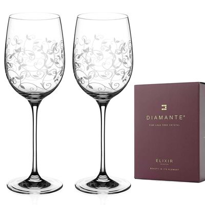 Par de copas de vino tinto Diamante - Copas de vino de cristal grabadas a mano de la colección 'floral Moda' - Juego de 2