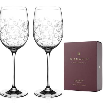 Diamante Red Wine Glasses Pair - ‘floral Moda’ Collection Hand Etched Crystal Wine Glasses - Set Of 2