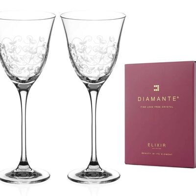 Diamante Red Wine Glasses Pair - ‘floral’ Collection Hand Etched Crystal Wine Glasses - Set Of 2