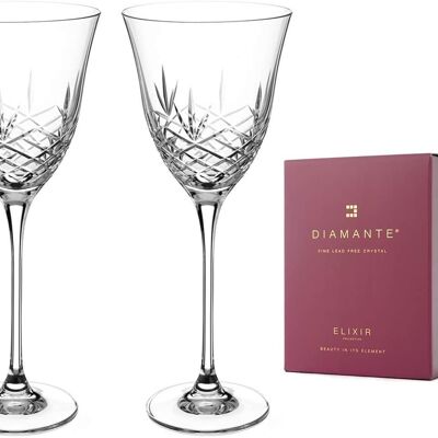 Diamante Red Wine Glasses Pair With ‘blenheim’ Collection Hand Cut Design - Set Of 2