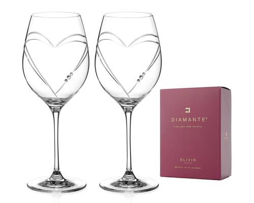 Diamante Red Wine Glasses Pair – ‘hearts’ Collection Crystal Wine Goblets Set Of 2