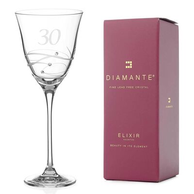 Copa de vino de 30 cumpleaños de Diamante Swarovski - Copa de vino de un solo cristal con un grabado a mano "30" - Adornada con cristales de Swarovski