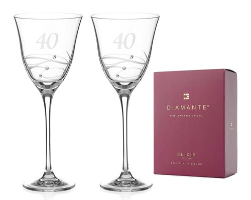 Diamante Swarovski 40th Birthday Or Anniversary Wine Glasses – Pair Of Crystal Wine Glasses With Hand Etched “40” With Swarovski Crystals