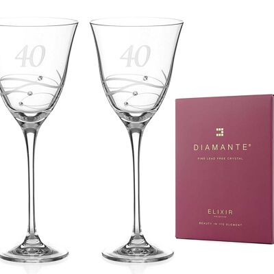 Diamante Swarovski 40th Birthday Or Anniversary Wine Glasses – Pair Of Crystal Wine Glasses With Hand Etched “40” With Swarovski Crystals