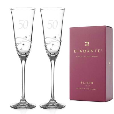 Copas de champán de 50 cumpleaños o aniversario de Diamante Swarovski - Par de copas de champán de cristal