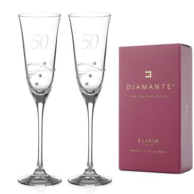 Diamante Swarovski 50th Birthday Or Anniversary Champagne Glasses – Pair Of Crystal Champagne Flutes