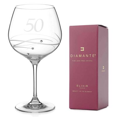 Diamante Swarovski 50th Birthday Or Anniversary Gin Copa - Copa de ginebra de cristal único con un "50" grabado a mano - Adornado con Swarovski...