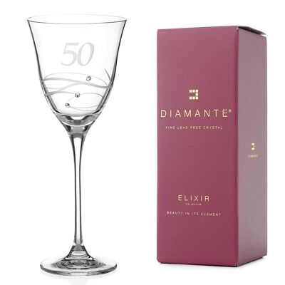 Diamante Swarovski 50th Birthday Wine Glass – Single Crystal Wine Glass With A Hand Etched “50” - Embellished With Swarovski Crystals