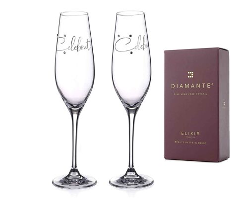 Diamante Swarovski Champagne Flutes Crystal Prosecco Glasses With “celebrate” Slogan – Embellished With Swarovski Crystals – Gift...