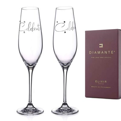 Diamante Swarovski Champagnerflöten Prosecco-Gläser aus Kristall mit „celebrate“-Slogan – verziert mit Swarovski-Kristallen – Geschenk...