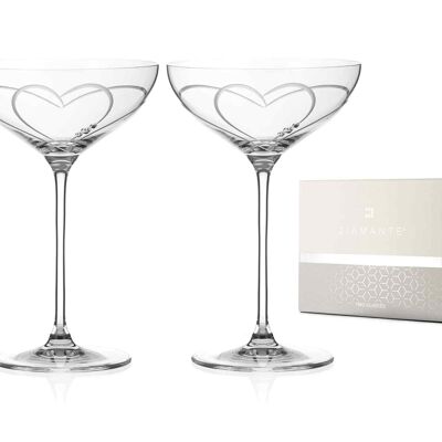 Champagner-Cocktail-Untertassen/Coupés mit Diamanten und Swarovski-Kristallen, Paar – „Toast-Herz“ – verziert mit Swarovski-Kristallen – 2er-Set