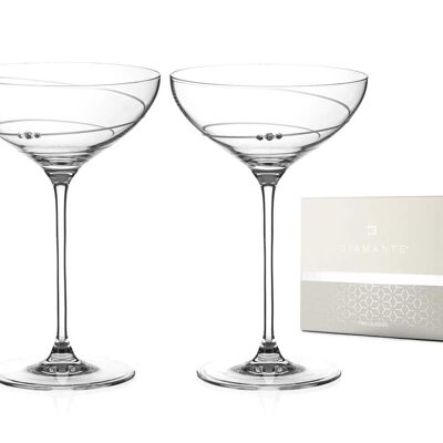 Champagner-Cocktail-Untertassen/Coupes mit Diamanten und Swarovski-Kristallen, Paar – „Toast Swirl“ – verziert mit Swarovski-Kristallen – 2er-Set