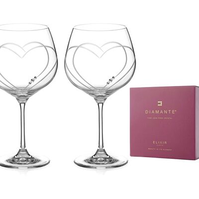 Diamante Swarovski Gin Copa Glasses Pair 'toast Heart' - Adorned With Crystals - Burgundy Gift Box