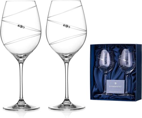 Diamante Swarovski Red Wine Glasses Pair - 'ring' Design Embellished With Swarovski Crystals - Set Of 2