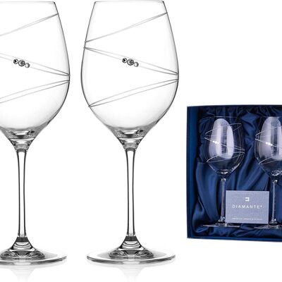 Coppia di Bicchieri da Vino Rosso Diamante Swarovski - Design ad "Anello" Impreziosito da Cristalli Swarovski - Set di 2