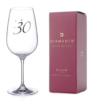 Diamante Swarovski"30th Birthday" Wine Glass – Single Crystal Wine Glass With Platinum 30 Embossed And Swarovski Crystals – Gift Boxed