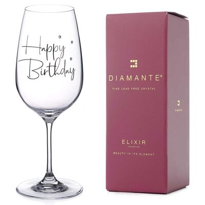 Diamante Swarovski "Happy Birthday" Calice da vino – Calice da vino in cristallo singolo con slogan Happy Birthday e cristalli Swarovski – Confezione regalo