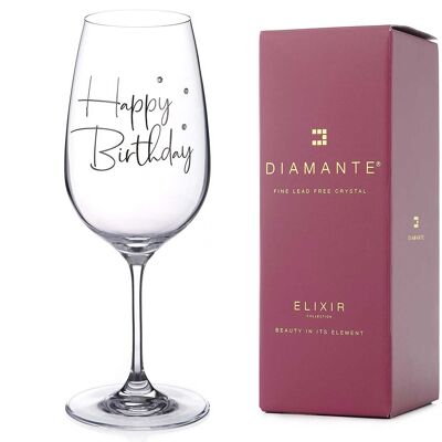 Diamante Swarovski"happy Birthday" Wine Glass – Single Crystal Wine Goblet With Happy Birthday Slogan And Swarovski Crystals – Gift Boxed