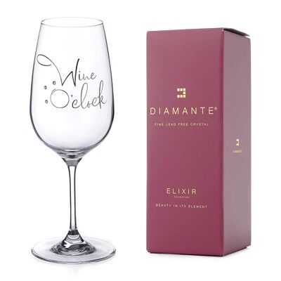 Diamante Swarovski "wine O'clock" Glass - Copa de vino de un solo cristal con eslogan divertido y novedoso adornado con cristales de Swarovski