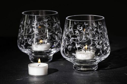 Diamante Votive Tealight Candle Holders 'floral' - Set Of 2 - Hand Etched - Tealights Included