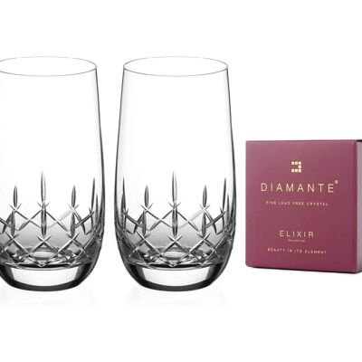 Diamante Water Glasses Crystal Long Drink Hi Balls Pair With ‘classic’ Collection Hand Cut Design - Set Of 2 (standard 390ml)