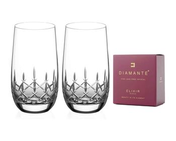 Verres à eau Diamante Crystal Long Drink Hi Balls Paire avec design « classique » coupé à la main – Lot de 2 (390 ml standard)