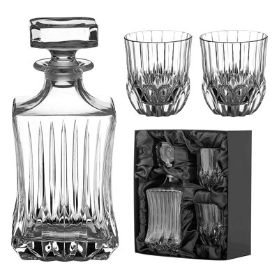 Set Whisky Diamante 3 Pezzi Collezione “adagio” | 1 decanter di cristallo con 2 bicchieri di cristallo in una lussuosa confezione regalo foderata in raso