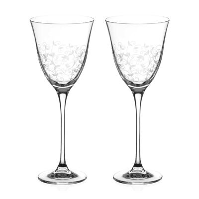 Diamante White Wine Glasses Pair - ‘floral’ Collection Hand Etched Crystal Wine Glasses - Set Of 2