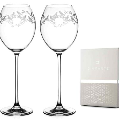 Coppia di bicchieri da vino bianco diamante con design in cristallo inciso a mano della collezione "canto degli uccelli" - set di 2