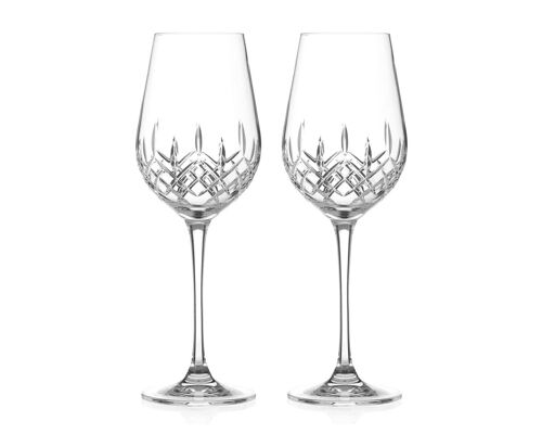 Diamante White Wine Glasses Pair With ‘hampton’ Collection Hand Cut Design - Set Of 2