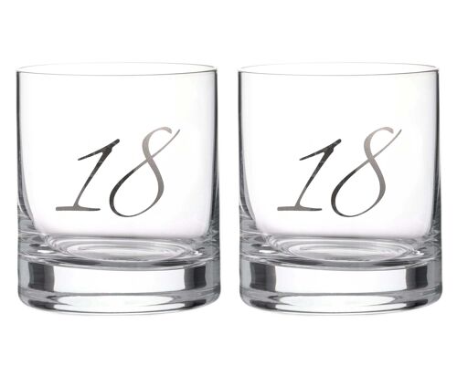 Diamante"18th Birthday" Whisky Tumblers – Pair Of Crystal Short Glasses With Platinum Embossed 18 Lettering
