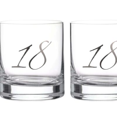 Diamante"18th Birthday" Whisky Tumblers – Pair Of Crystal Short Glasses With Platinum Embossed 18 Lettering