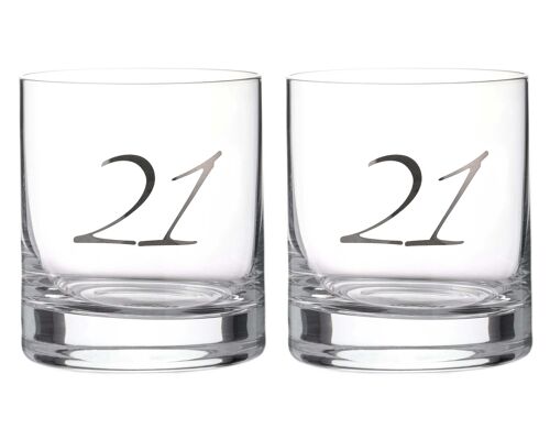 Diamante"21st Birthday" Whisky Tumblers – Pair Of Crystal Short Glasses With Platinum Embossed 21 Lettering