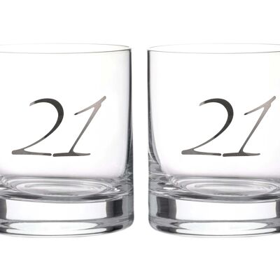 Verres à whisky "21e anniversaire" Diamante - Paire de verres courts en cristal avec lettrage 21 en relief platine