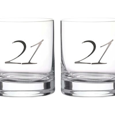 Diamante"21st Birthday" Whisky Tumblers – Pair Of Crystal Short Glasses With Platinum Embossed 21 Lettering