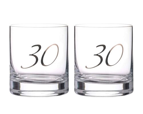 Diamante"30th Birthday" Whisky Tumblers – Pair Of Crystal Short Glasses With Platinum Embossed 30 Letterin