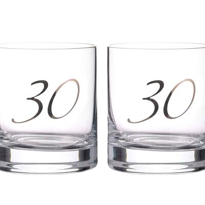 Verres à whisky "30e anniversaire" Diamante - Paire de verres courts en cristal avec 30 lettres en relief platine